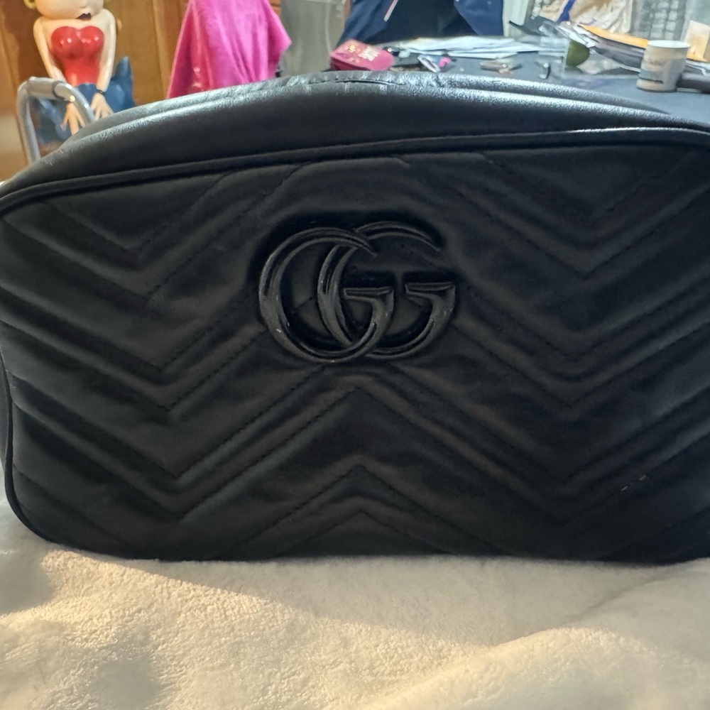 Gucci Black Quilted Chevron Cosmetic Case with Double G Emblem
